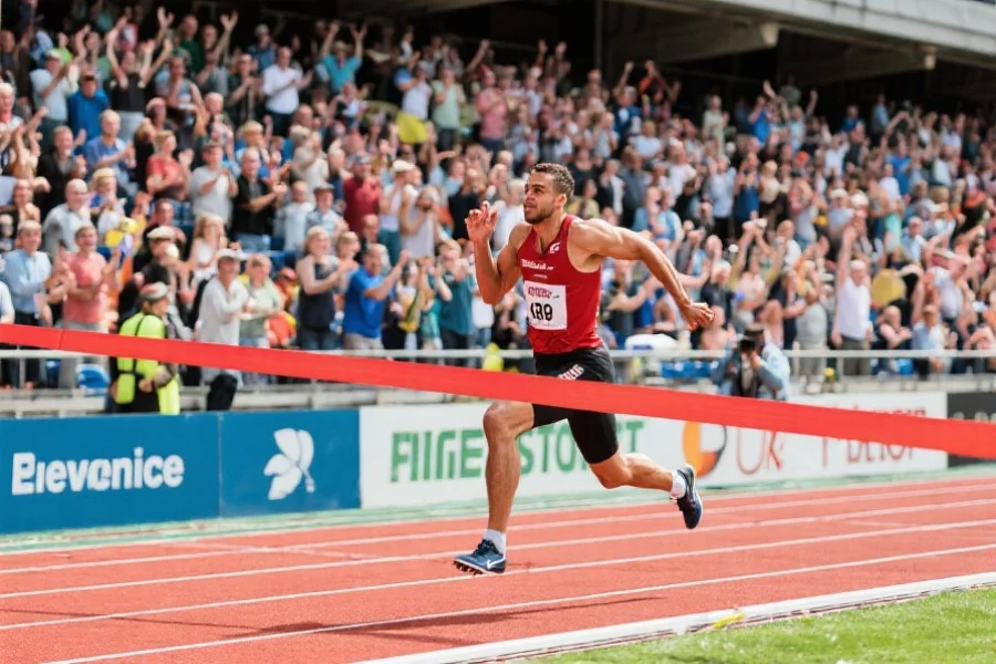 一位田径运动员在冲刺终点线，观众席上气氛热烈